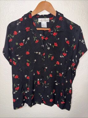 VTG Jones New York 100% Silk Black Blouse Red Poppy Ditsy Floral Button Top 90s